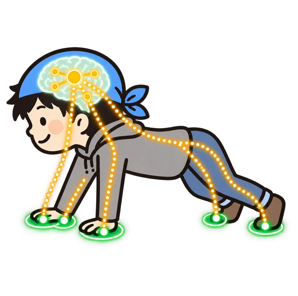 四つん這いの人の手と足の4点が床に接し、脳とつながる図